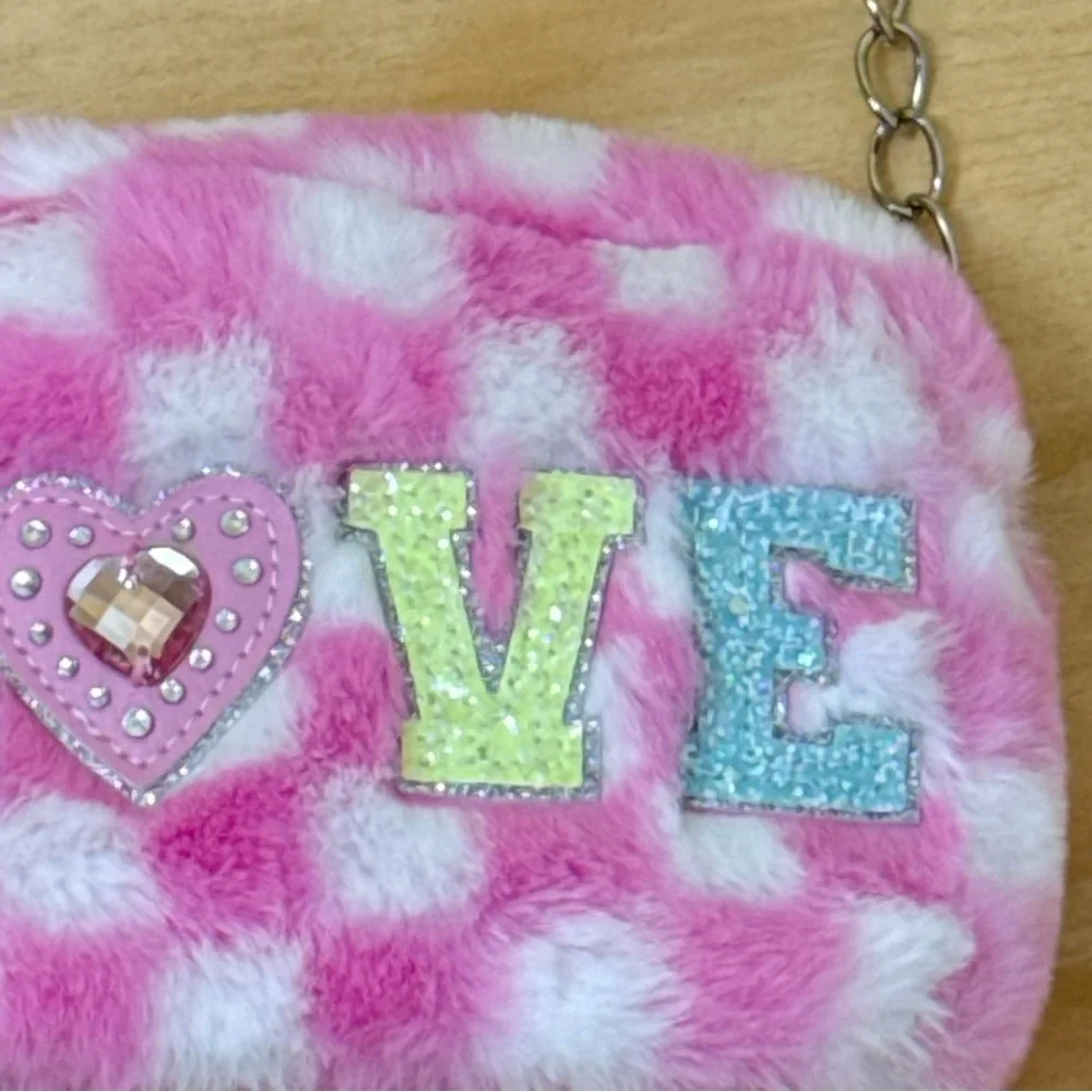 Girls Tween Pink Fuzzy Crossbody Purse LOVE Glitter Mini Bag NWT